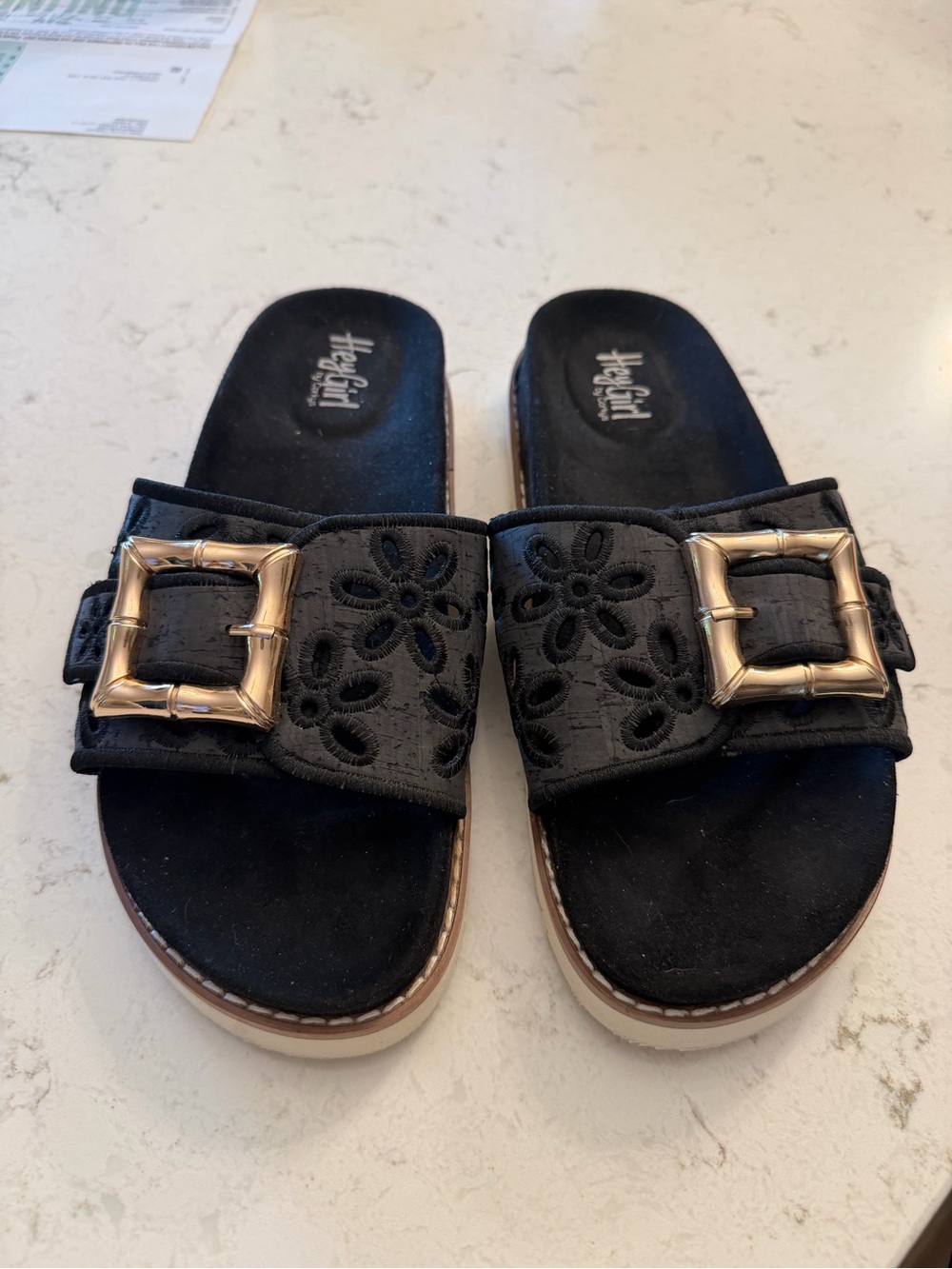 Corky’s Black Women's Slide Sandals with Gold Buckle Like New Size 8